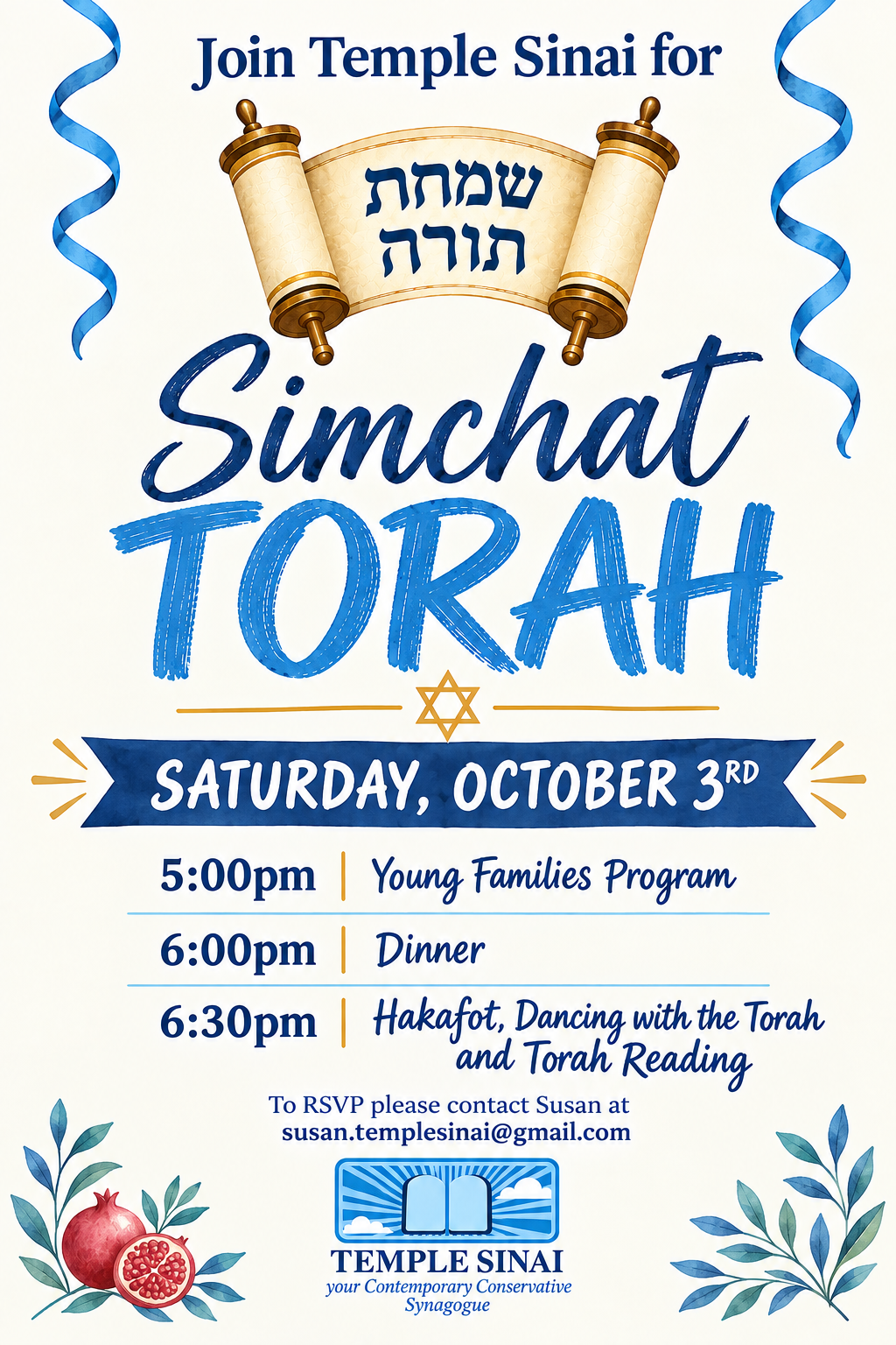 Join temple sinai on October 3rd 2026 for a Simchat Torah celebration
